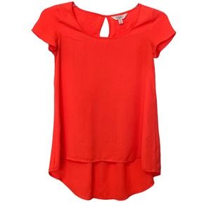 DECREE ROUND NECK, PULL-OVER BLOUSE, WOMENS, XS, ORANGE, HIGH-LOW, CAP SLEEVE